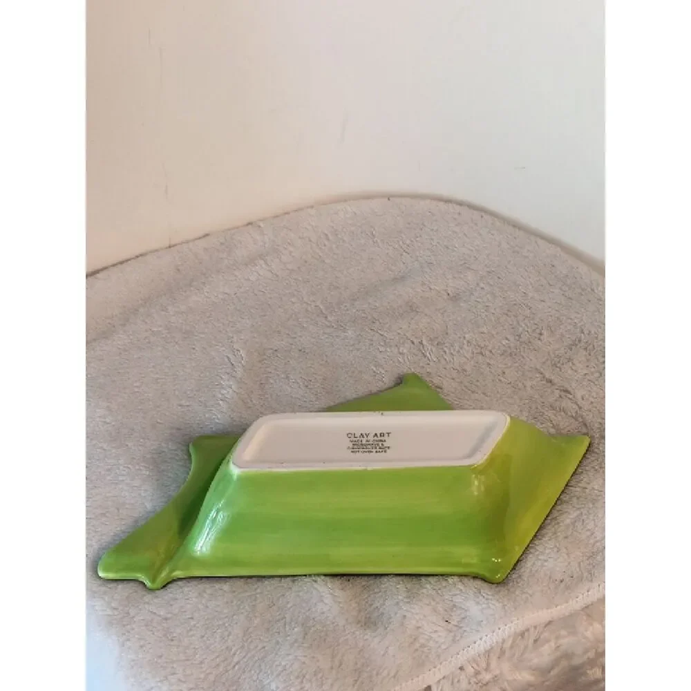 CLAY ART Green Glazed Ceramic Beachy Snack Tray / Trinket Dish